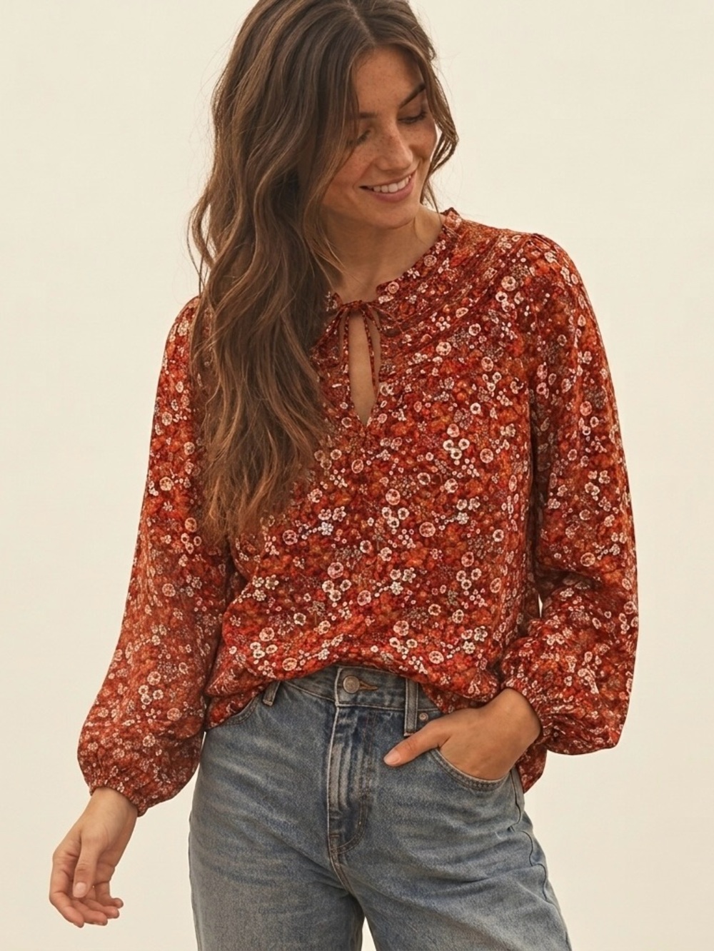 Universal Thread Boho Floral Peasant Top Smocked Neck Tie XS